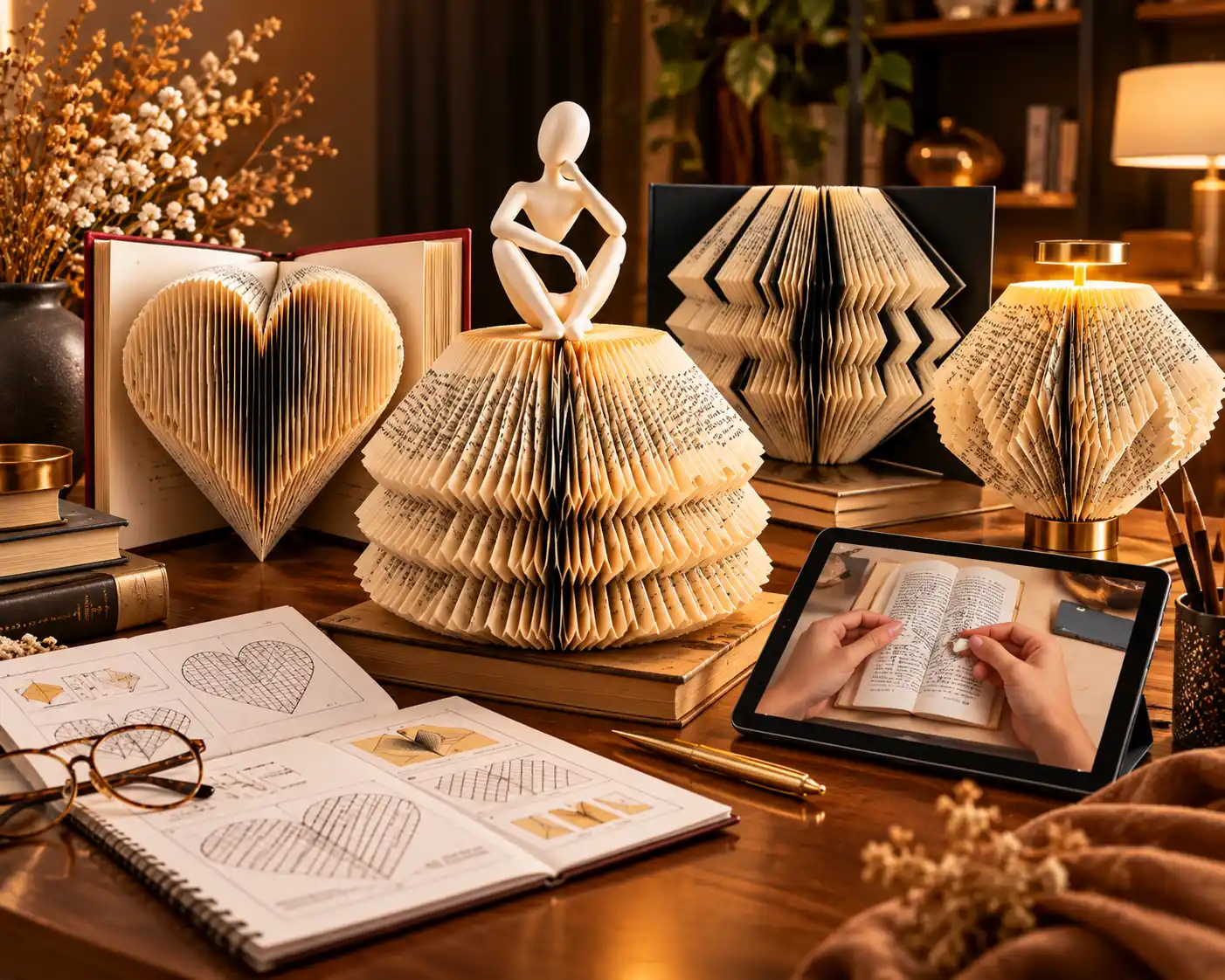 Mockup de esculturas en libros, plantillas y videoclases