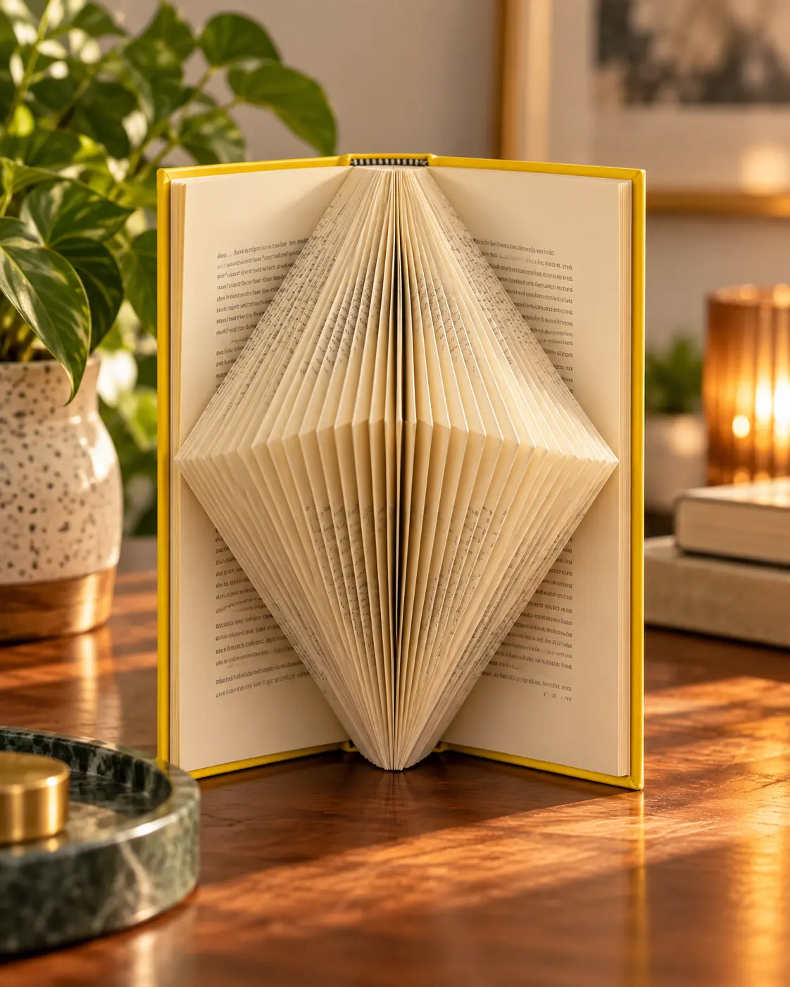 Escultura Rombo Vertical terminada en un libro de tapa amarilla